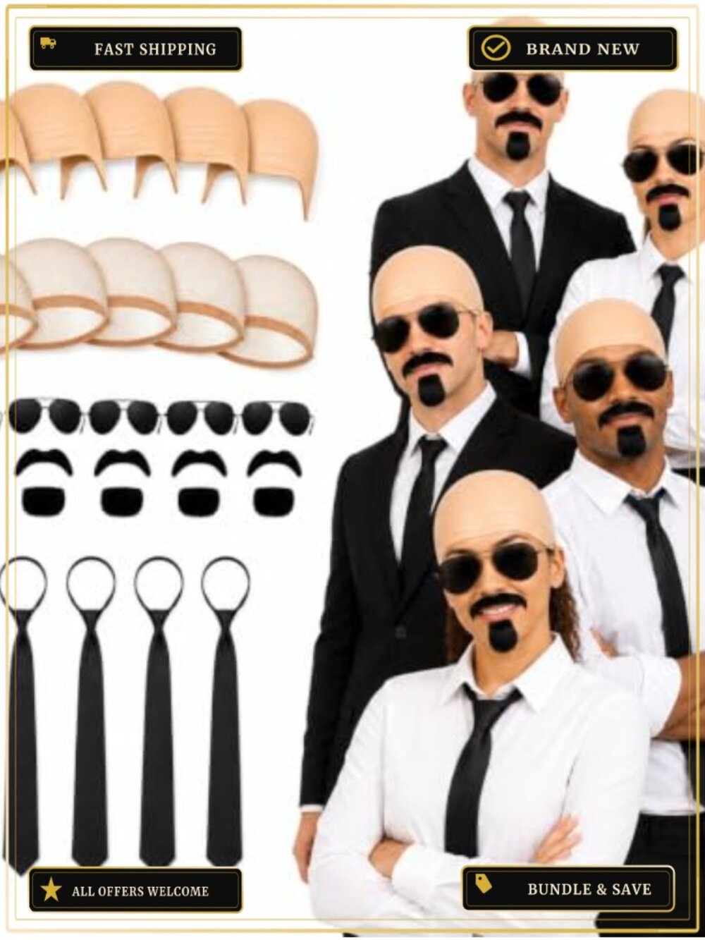 Bald Cap Costume Kit 5 Set Wig Caps Glasses Mustaches Ties Adult Group